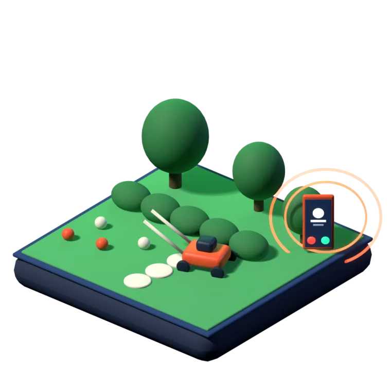3D illustration of a landscaping business on a floating tile