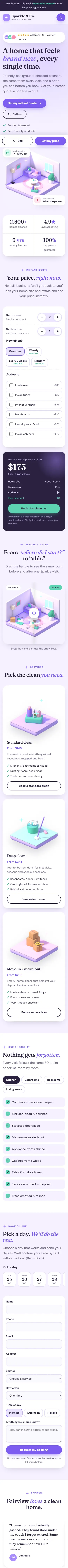 Full-page preview of the Sparkle & Co. Cleaning concept site on a phone
