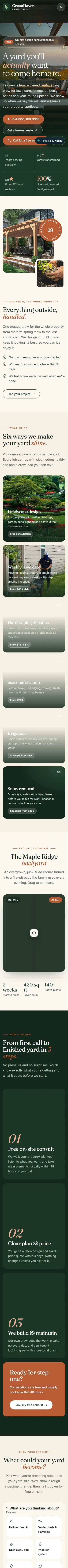 Full-page preview of the GreenHaven Landscaping concept site on a phone