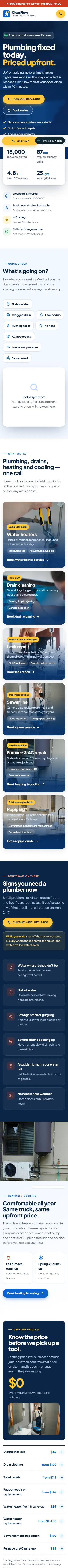Full-page preview of the ClearFlow Plumbing & Heating concept site on a phone