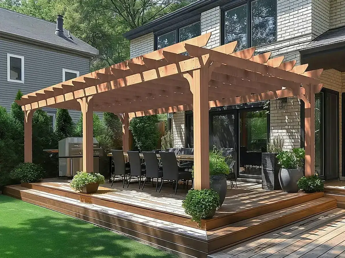 Cedar pergola over an outdoor dining deck