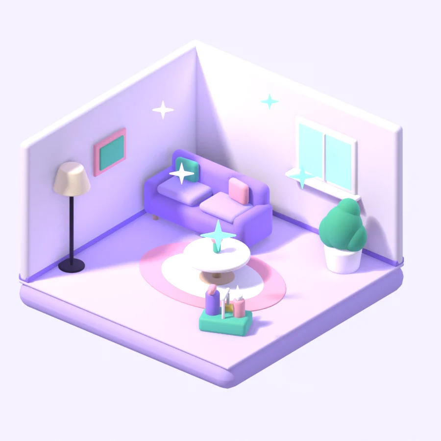 The same 3D living room, tidy and sparkling clean