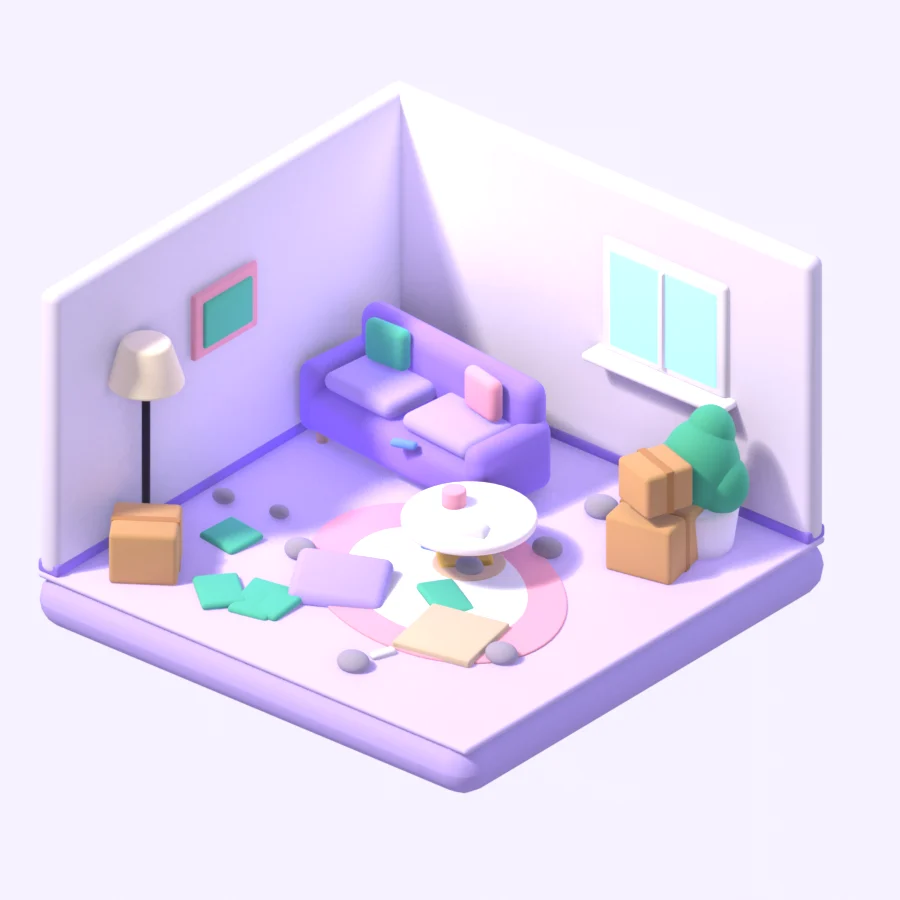 A messy 3D living room with clothes, boxes and dust on the floor