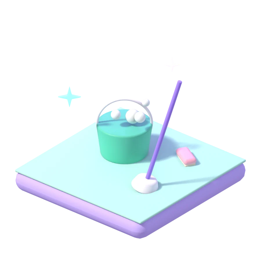 3D bucket of soapy water with a mop and scrub brush