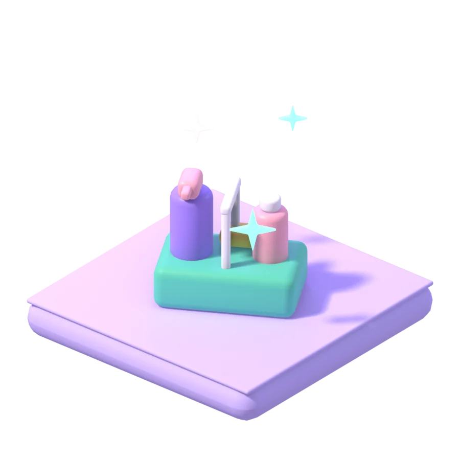 3D cleaning caddy with spray bottles and sparkles